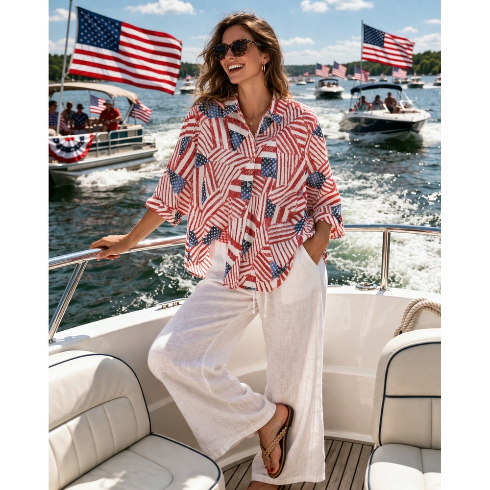 American Flag Shirt Women 2X Patriotic 4th of July Red White Blue‎ Button Up